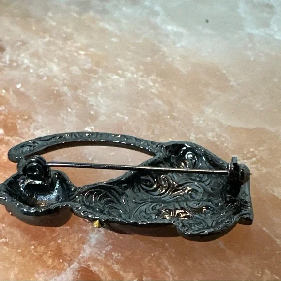 1928 Black Cat Brooch, Enamel Rhinestone Embellishments 1831 R - Picture 3 of 7